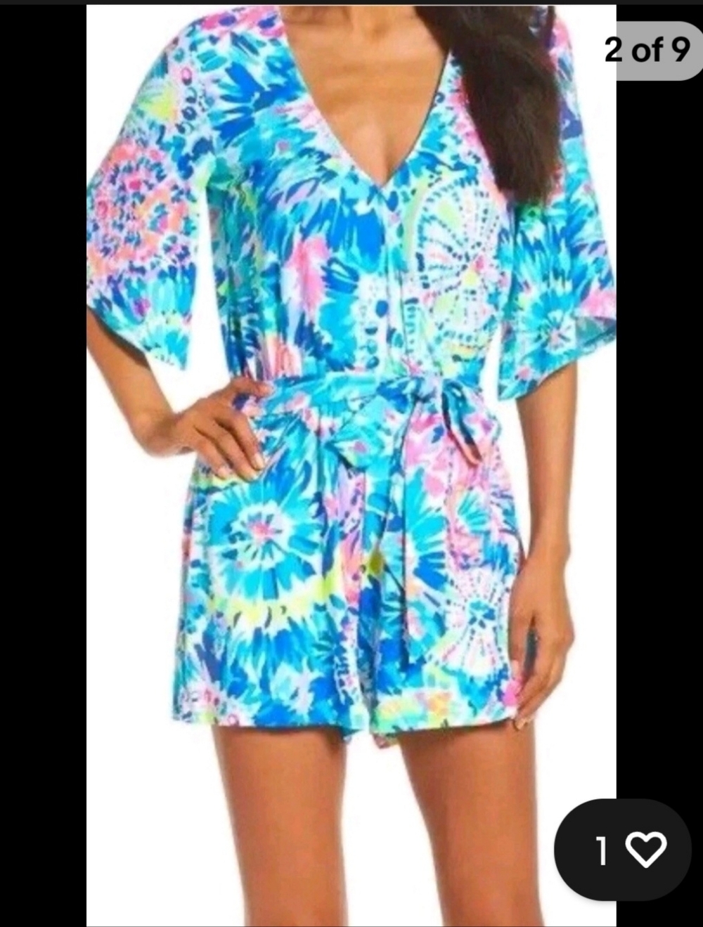 Lilly Pulitzer Blue Tie-Dye Romper with Pink & Green Accents ~LIKE NEW condition